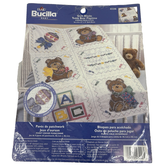Bucilla Quilt Blocks Teddy Bear Playtime Stamped Cross Stitch 2003 Kit 43246 - Picture 1 of 10